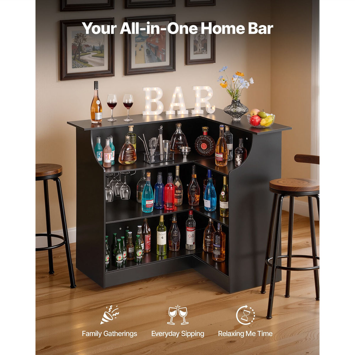 Home Bar Unit, L-Shaped Wine Bar Cabinet Table 4-Tier with Storage Shelves, Wine Glass Holder, 300 lbs Max Capacity, Wood Liquor Cabinet for Home, Kitchen, Living Room, Pub, Basement, Black