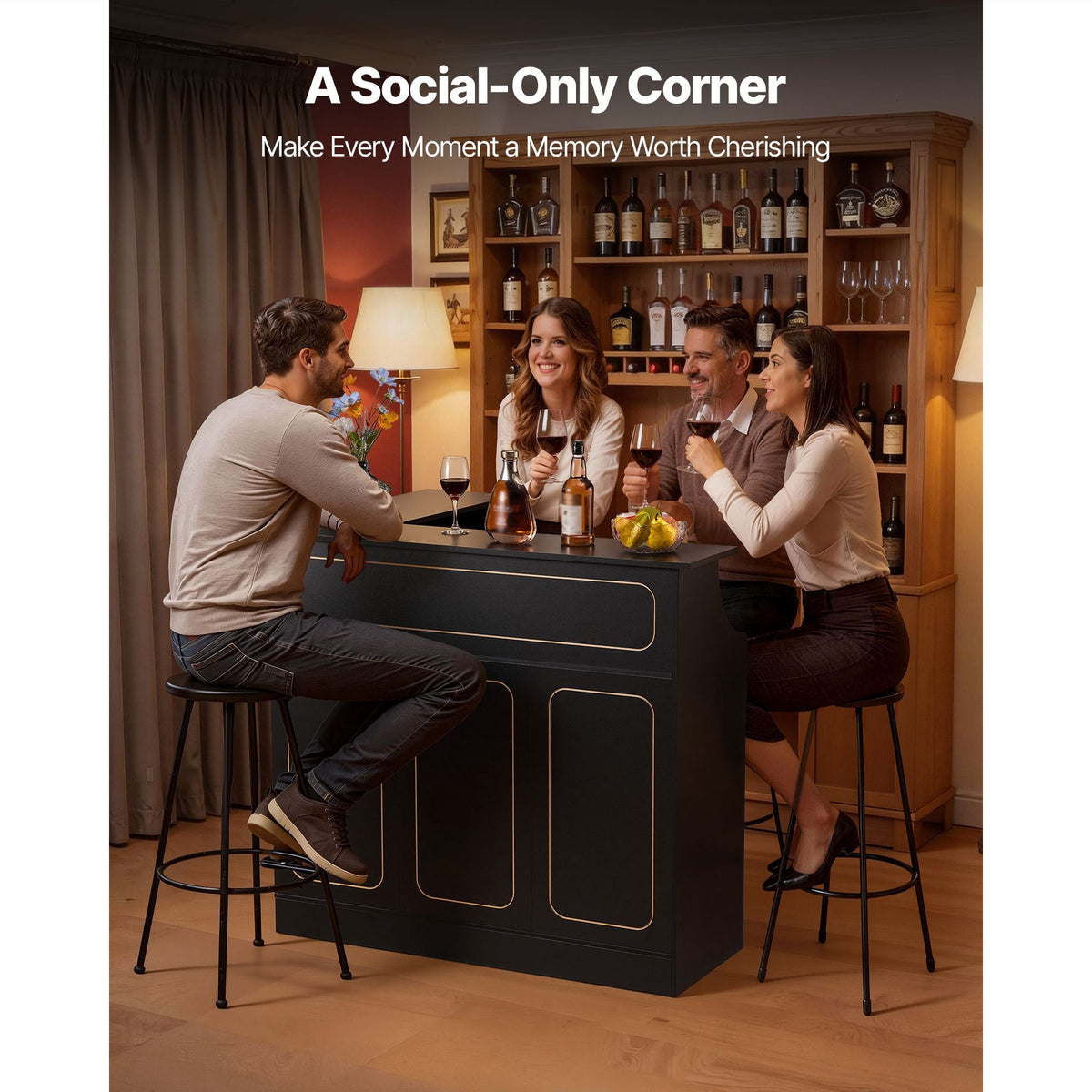 Home Bar Unit, L-Shaped Wine Bar Cabinet Table 4-Tier with Storage Shelves, Wine Glass Holder, 300 lbs Max Capacity, Wood Liquor Cabinet for Home, Kitchen, Living Room, Pub, Basement, Black