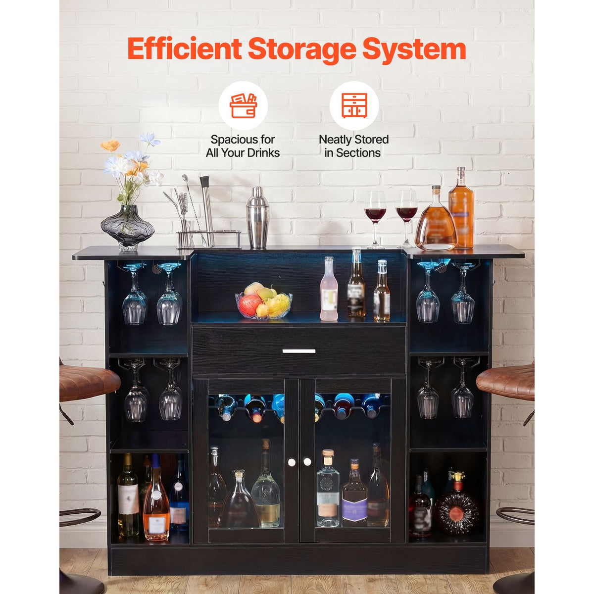 Home Bar Unit, Wine Bar Cabinet Table 4-Tier with Storage Drawer Shelves, Wine Glass Holder, Bottle Rack, LED Light, Wood & Metal Liquor Cabinet for Home, Basement, Kitchen, Living Room, Black