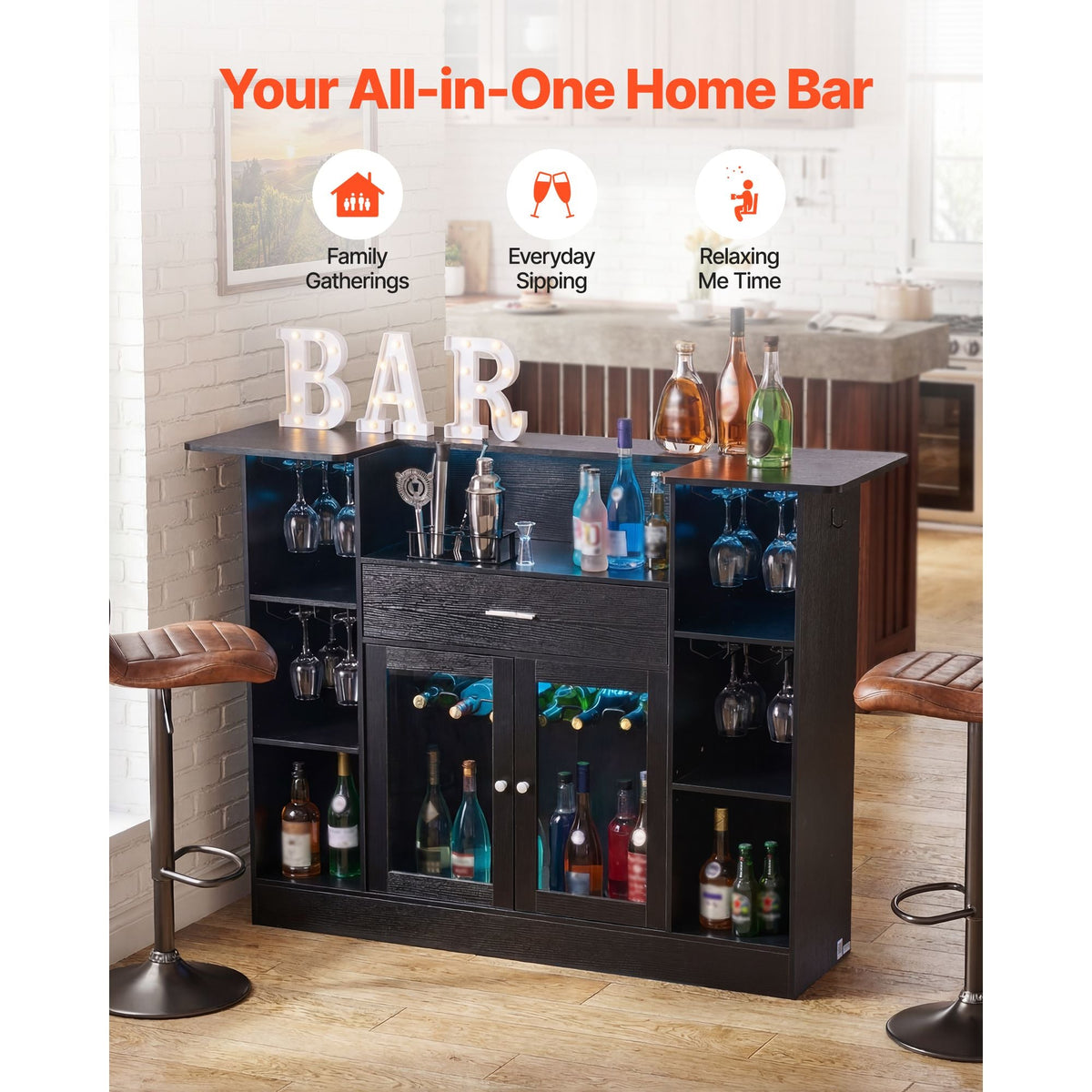 Home Bar Unit, Wine Bar Cabinet Table 4-Tier with Storage Drawer Shelves, Wine Glass Holder, Bottle Rack, LED Light, Wood & Metal Liquor Cabinet for Home, Basement, Kitchen, Living Room, Black
