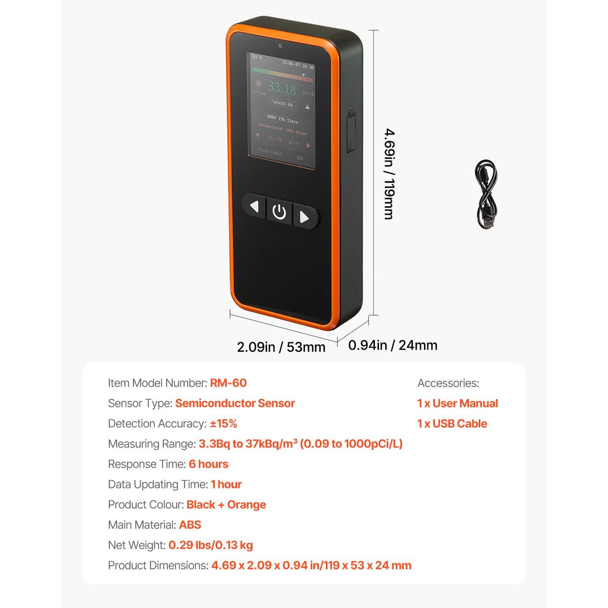Home Radon Detector 3.3Bq to 37kBq/m³ Portable Easy to Use Battery Operated