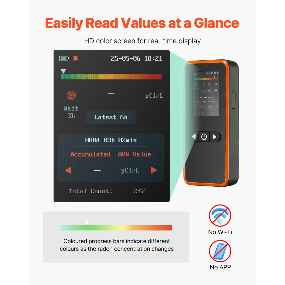 Home Radon Detector 3.3Bq to 37kBq/m³ Portable Easy to Use Battery Operated