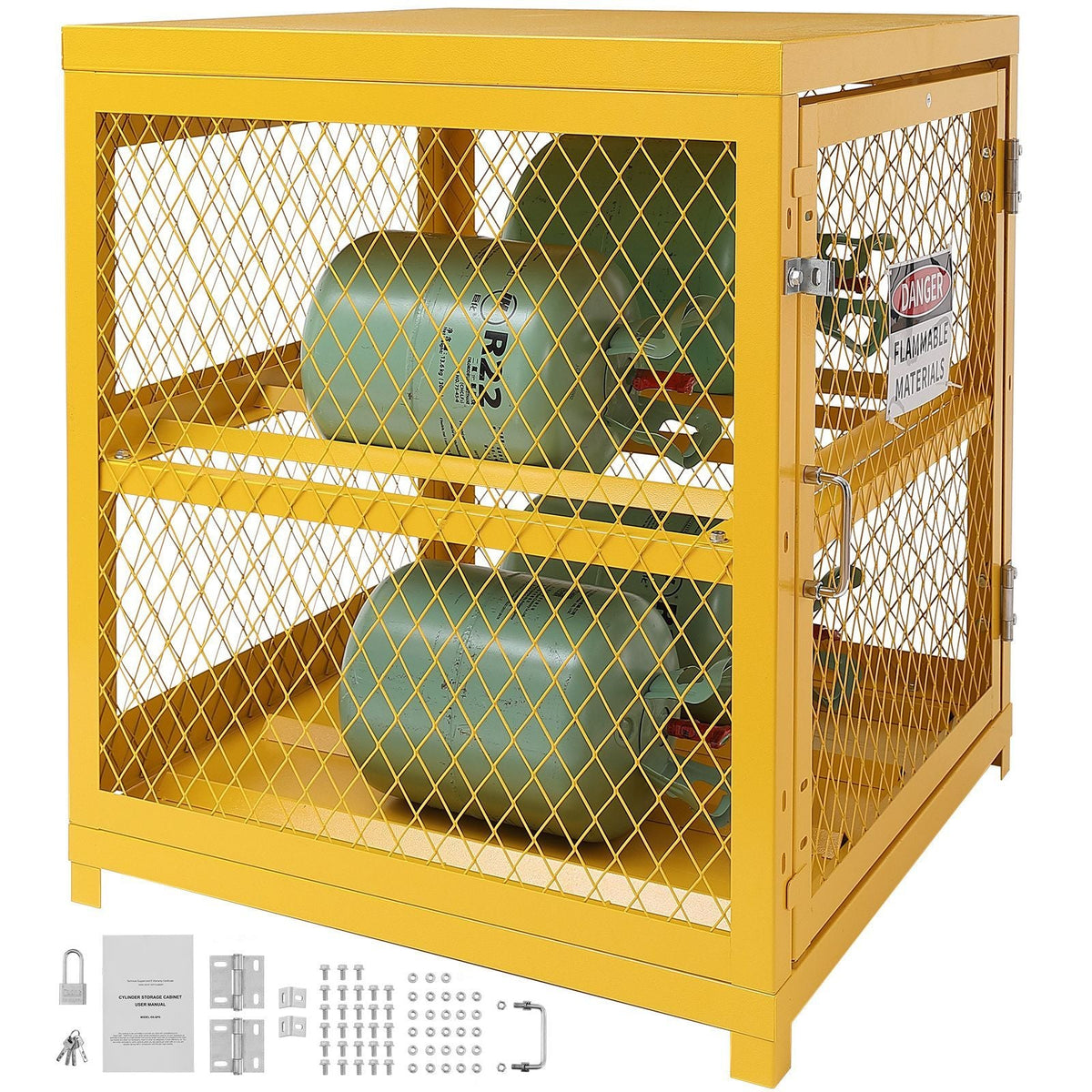 Horizontal Cylinder Storage Cabinet, 4 x 33 lbs Cylinder Capacity, 31.02x30.04x35 inch Propane Storage Cage, Gas Cylinder Cabinet, Yellow Powder Coat Finish, for Freon, Gases, Oxygen, Nitrogen
