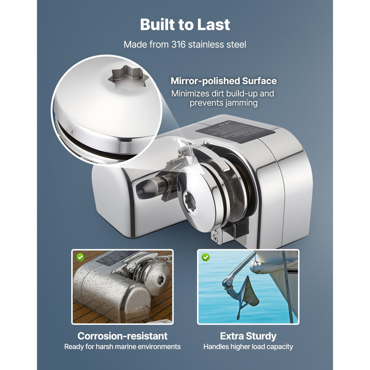 Horizontal Fishing Windlass, 12V DC 600W, Windlass Anchor Systems Fit for 1/4-Inch Chain or 9/16 & 5/8 Inch Nylon Rope, Max Pull 573 lbs, 316 Stainless Steel Construction, for Boats 23-29.5 ft