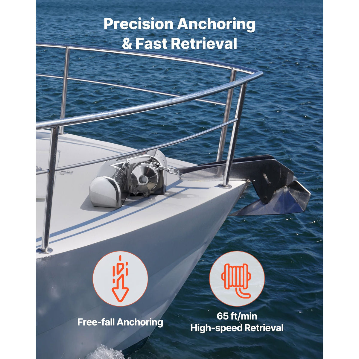 Horizontal Fishing Windlass, 12V DC 600W, Windlass Anchor Systems Fit for 1/4-Inch Chain or 9/16 & 5/8 Inch Nylon Rope, Max Pull 573 lbs, 316 Stainless Steel Construction, for Boats 23-29.5 ft