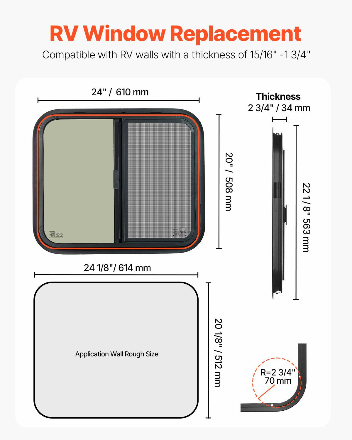 Horizontal RV Window, 24" W x 20" H Tinted Sliding RV Window with Net Screen & Trim Ring, Fit 15/16"-1 3/4" Thickness Wall, RV Window Replacement for Teardrop Cargo Trailer Camper, DOT Approved