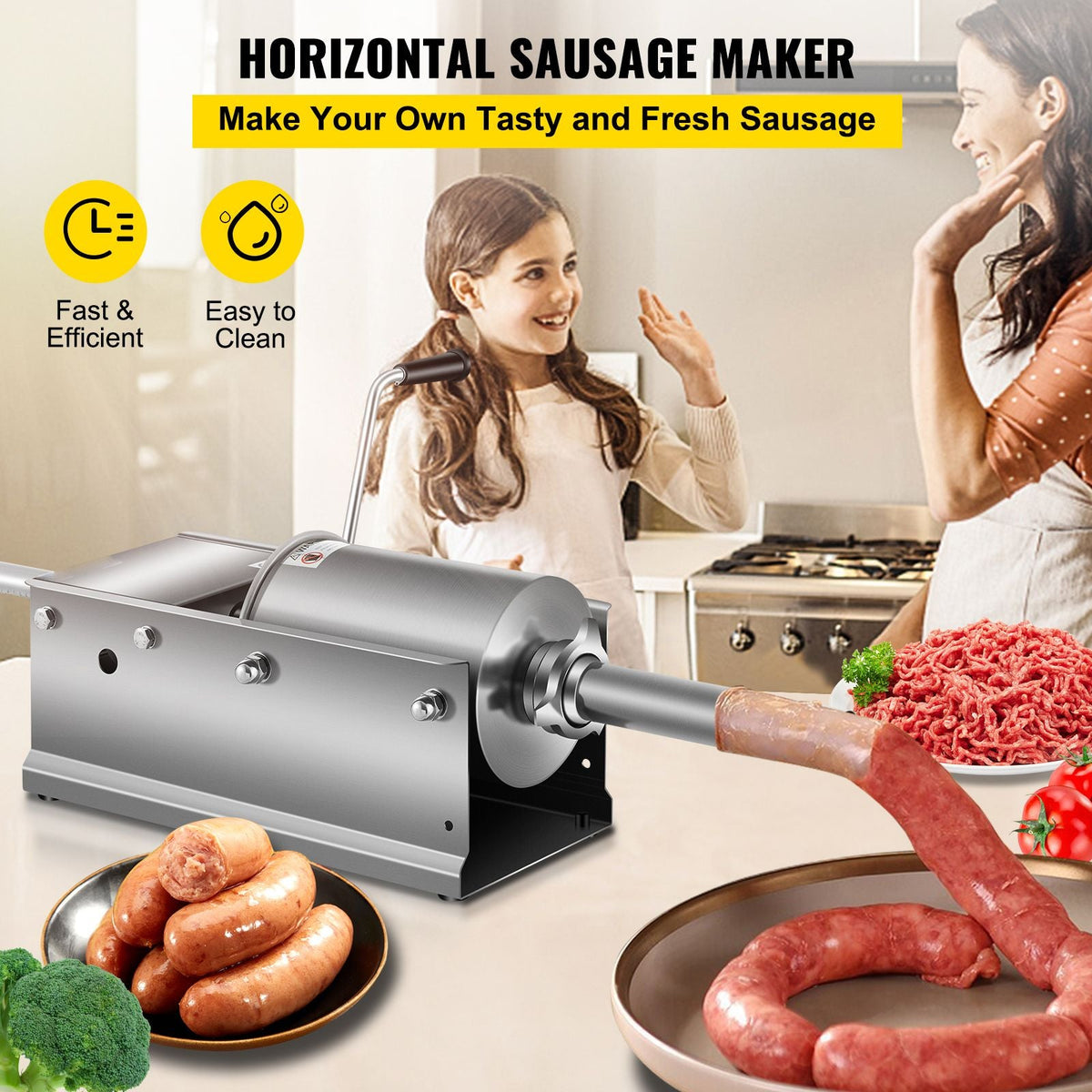 Horizontal Sausage Stuffer 3L/ 7Lbs Manual Sausage Maker With 5 Filling Nozzles Sausage Stuffing Machine For Home & Commercial Use Stainless Steel