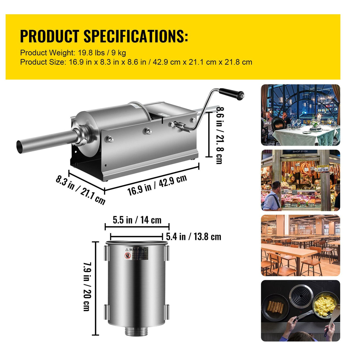 Horizontal Sausage Stuffer 3L/ 7Lbs Manual Sausage Maker With 5 Filling Nozzles Sausage Stuffing Machine For Home & Commercial Use Stainless Steel