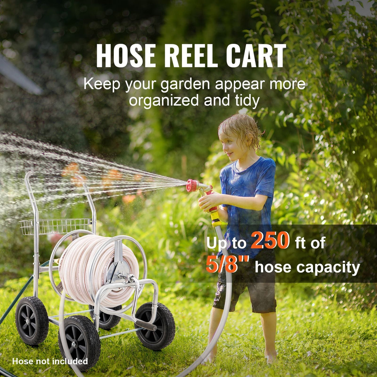 Hose Reel Cart, Hold Up to 250 ft of 5/8'' Hose, Garden Water Hose Carts Mobile Tools with 4 Wheels, Heavy Duty Powder-coated Steel Outdoor Planting with Storage Basket, for Garden, Yard, Lawn