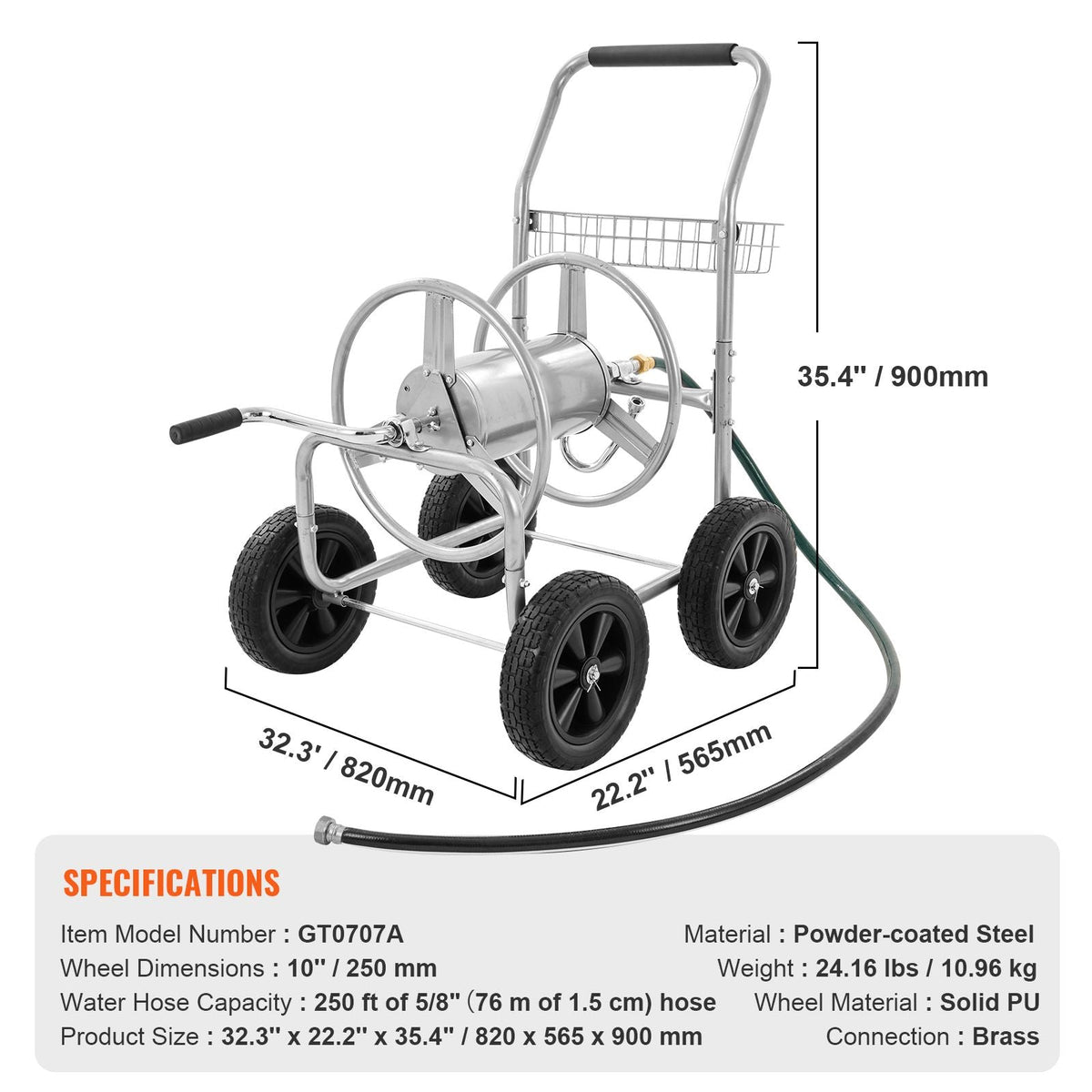 Hose Reel Cart, Hold Up to 250 ft of 5/8'' Hose, Garden Water Hose Carts Mobile Tools with 4 Wheels, Heavy Duty Powder-coated Steel Outdoor Planting with Storage Basket, for Garden, Yard, Lawn