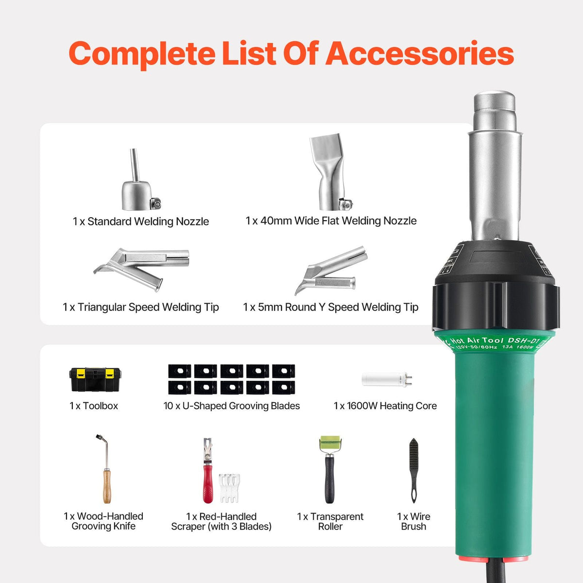 Hot Air Plastic Welder, 1600W Hot Air Torch Pistol, 122-1112 Fahrenheit PVC TPO Vinyl Heat Gun Welding Torch, Plastic Roofing Welding Kit with 11 Accessories- Toolbox, Nozzle, Roller, Blades