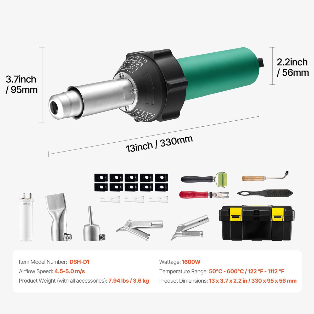 Hot Air Plastic Welder, 1600W Hot Air Torch Pistol, 122-1112 Fahrenheit PVC TPO Vinyl Heat Gun Welding Torch, Plastic Roofing Welding Kit with 11 Accessories- Toolbox, Nozzle, Roller, Blades