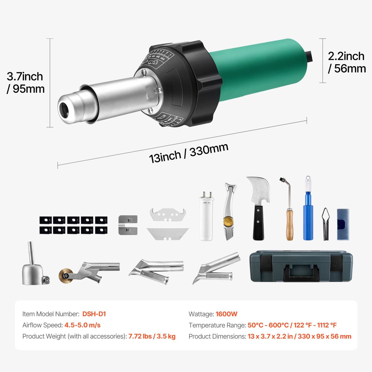 Hot Air Plastic Welder, 1600W Hot Air Torch Pistol, 122-1112 Fahrenheit PVC TPO Vinyl Heat Gun Welding Torch, Plastic Roofing Welding Kit with 14 Accessories- Toolbox, Nozzle, Roller, Blades