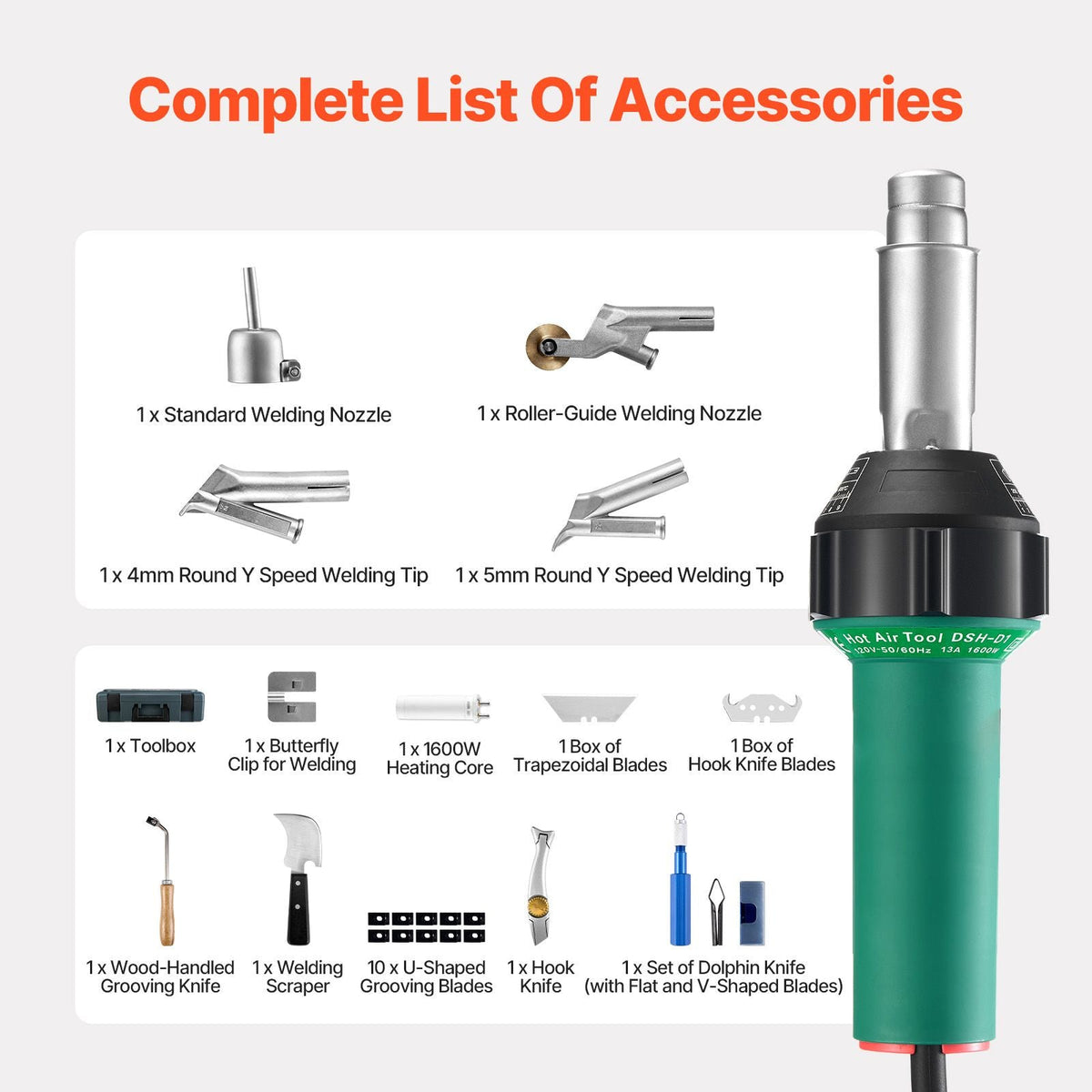 Hot Air Plastic Welder, 1600W Hot Air Torch Pistol, 122-1112 Fahrenheit PVC TPO Vinyl Heat Gun Welding Torch, Plastic Roofing Welding Kit with 14 Accessories- Toolbox, Nozzle, Roller, Blades