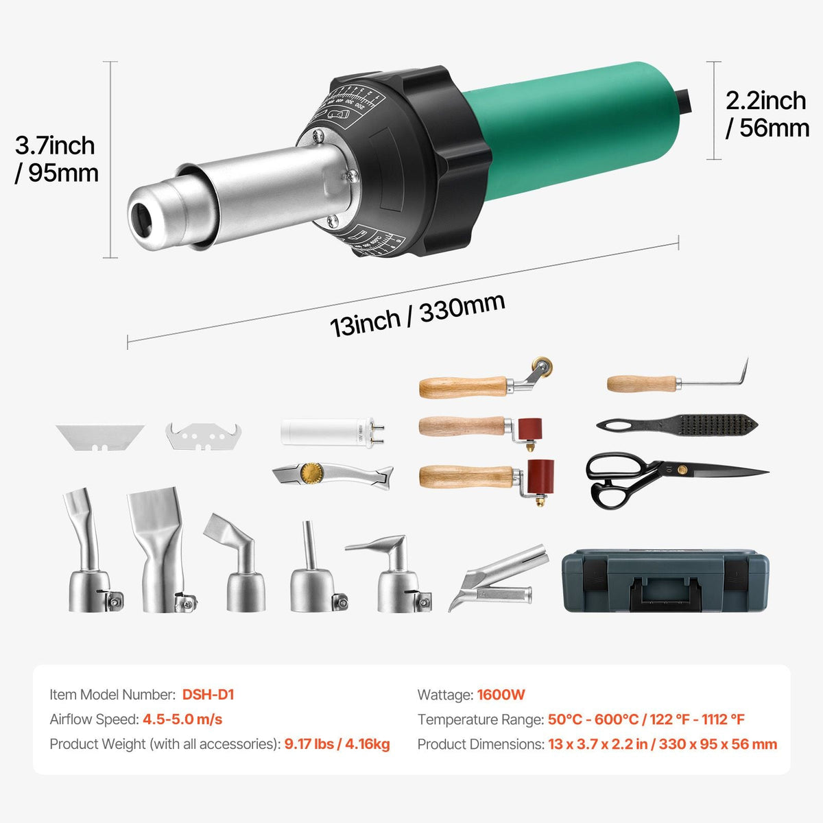 Hot Air Plastic Welder, 1600W Hot Air Torch Pistol, 122-1112 Fahrenheit PVC TPO Vinyl Heat Gun Welding Torch, Plastic Roofing Welding Kit with 17 Accessories- Toolbox, Nozzle, Roller, Blades