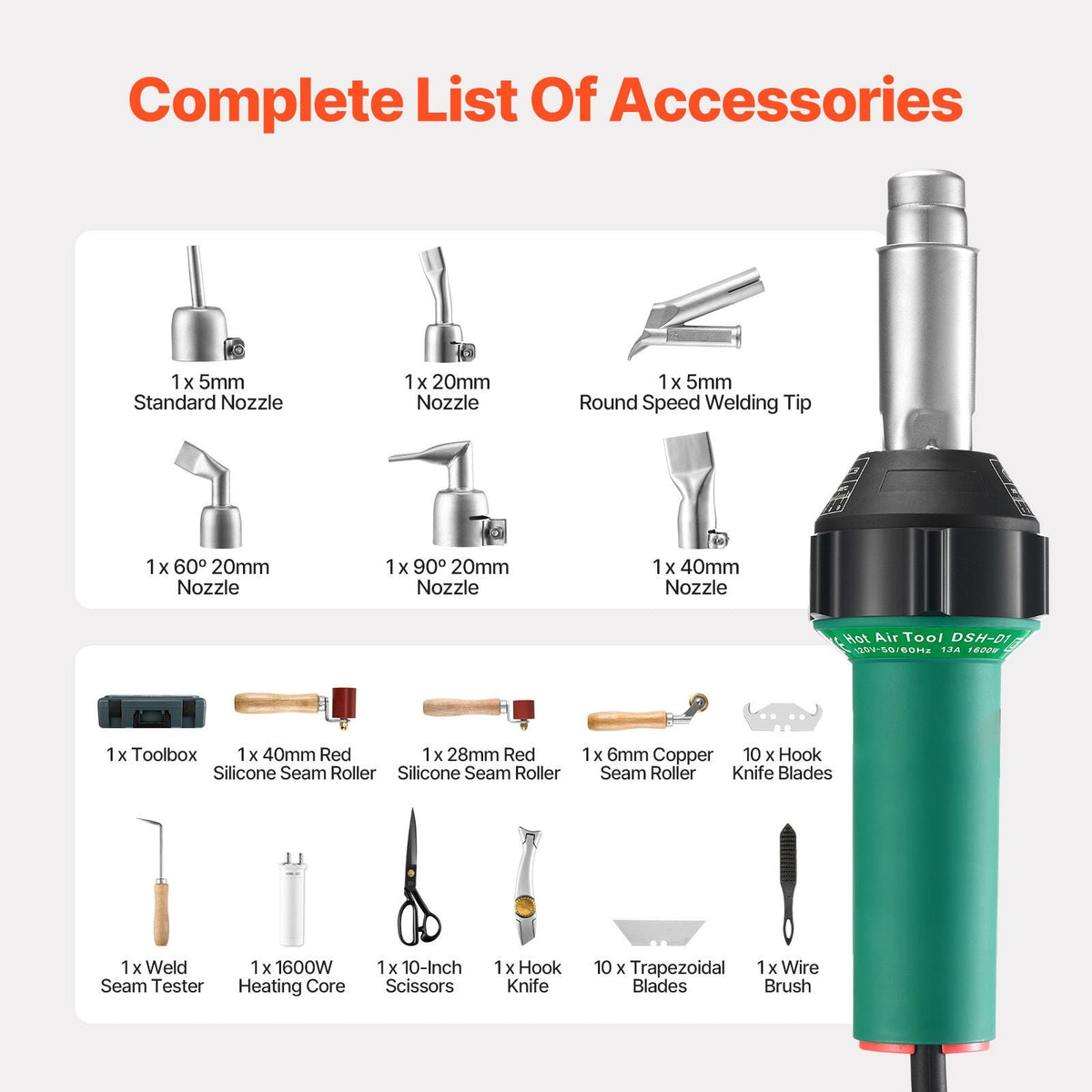 Hot Air Plastic Welder, 1600W Hot Air Torch Pistol, 122-1112 Fahrenheit PVC TPO Vinyl Heat Gun Welding Torch, Plastic Roofing Welding Kit with 17 Accessories- Toolbox, Nozzle, Roller, Blades