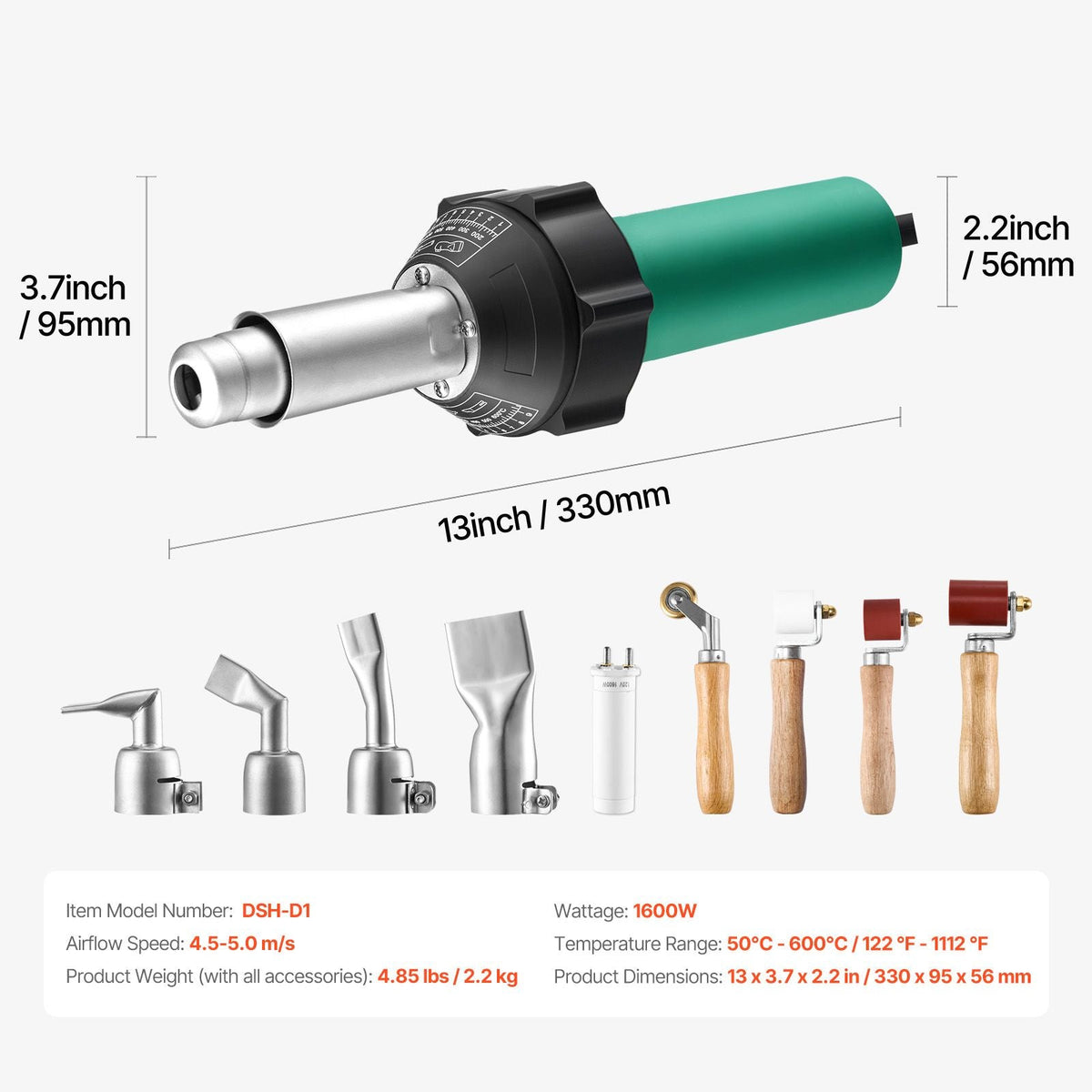 Hot Air Plastic Welder, 1600W Hot Air Torch Pistol, 122-1112 Fahrenheit PVC TPO Vinyl Heat Gun Welding Torch, Plastic Roofing Welding Kit with 9 Accessories- 4 Nozzles & 4 Seam Rollers