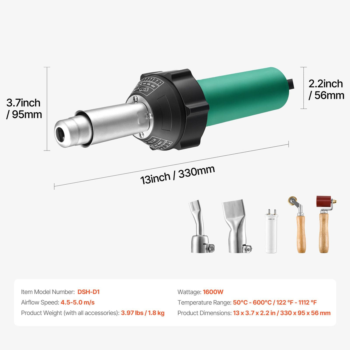 Hot Air Plastic Welder, 1600W Hot Air Torch Pistol, 122-1112 Fahrenheit PVC TPO Vinyl Heat Gun Welding Torch, Plastic Welding Roofing Kit with 2 Nozzles, Silicone & Copper Seam Roller