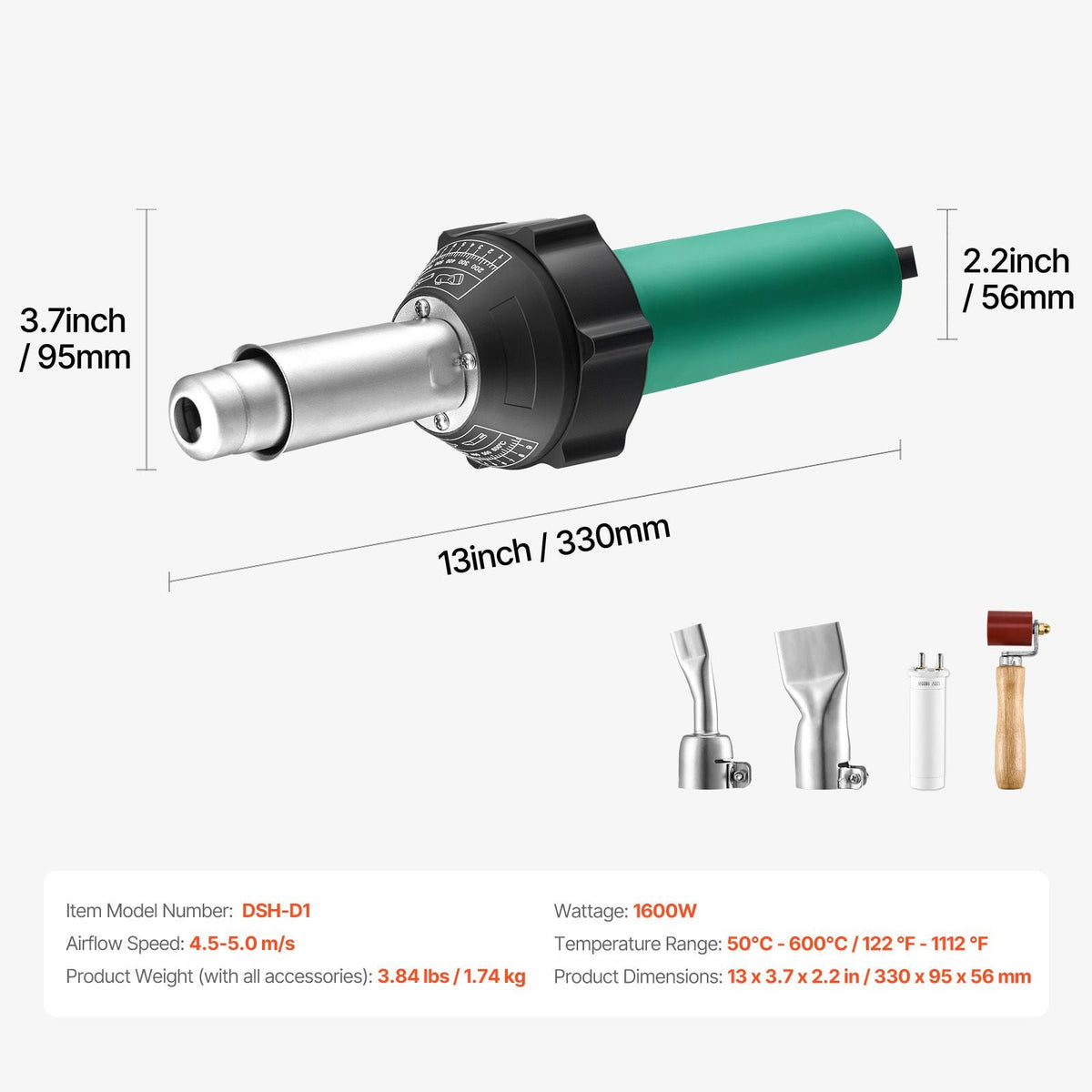 Hot Air Plastic Welder, 1600W Hot Air Torch Pistol, 122-1112 Fahrenheit PVC TPO Vinyl Heat Gun Welding Torch, Plastic Welding Roofing Kit with 4 Accessories - 2 Nozzles & 1 Seam Roller