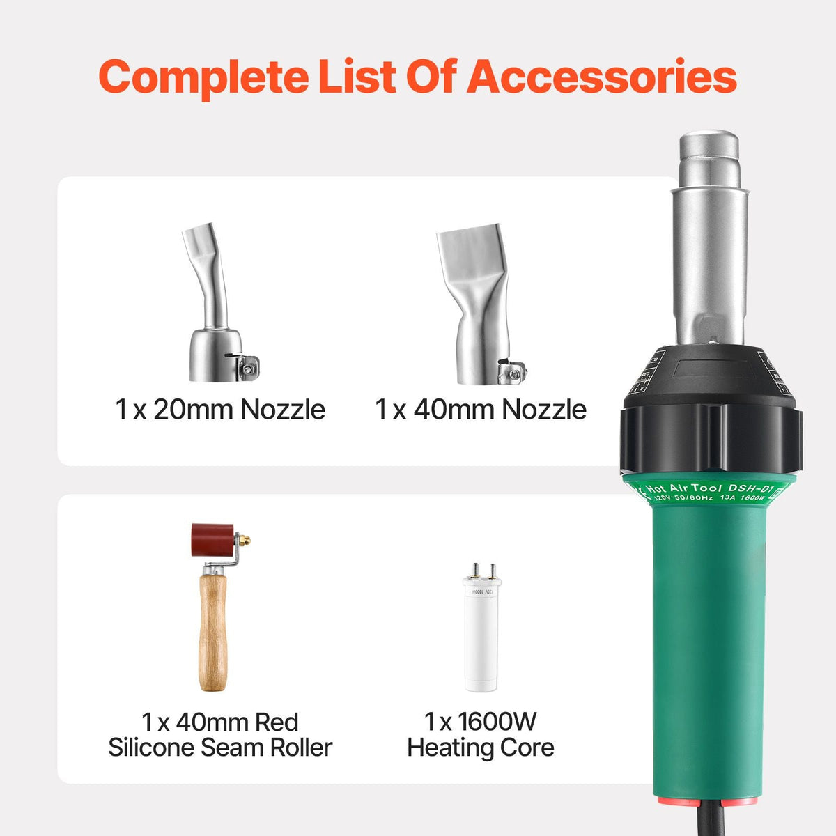 Hot Air Plastic Welder, 1600W Hot Air Torch Pistol, 122-1112 Fahrenheit PVC TPO Vinyl Heat Gun Welding Torch, Plastic Welding Roofing Kit with 4 Accessories - 2 Nozzles & 1 Seam Roller