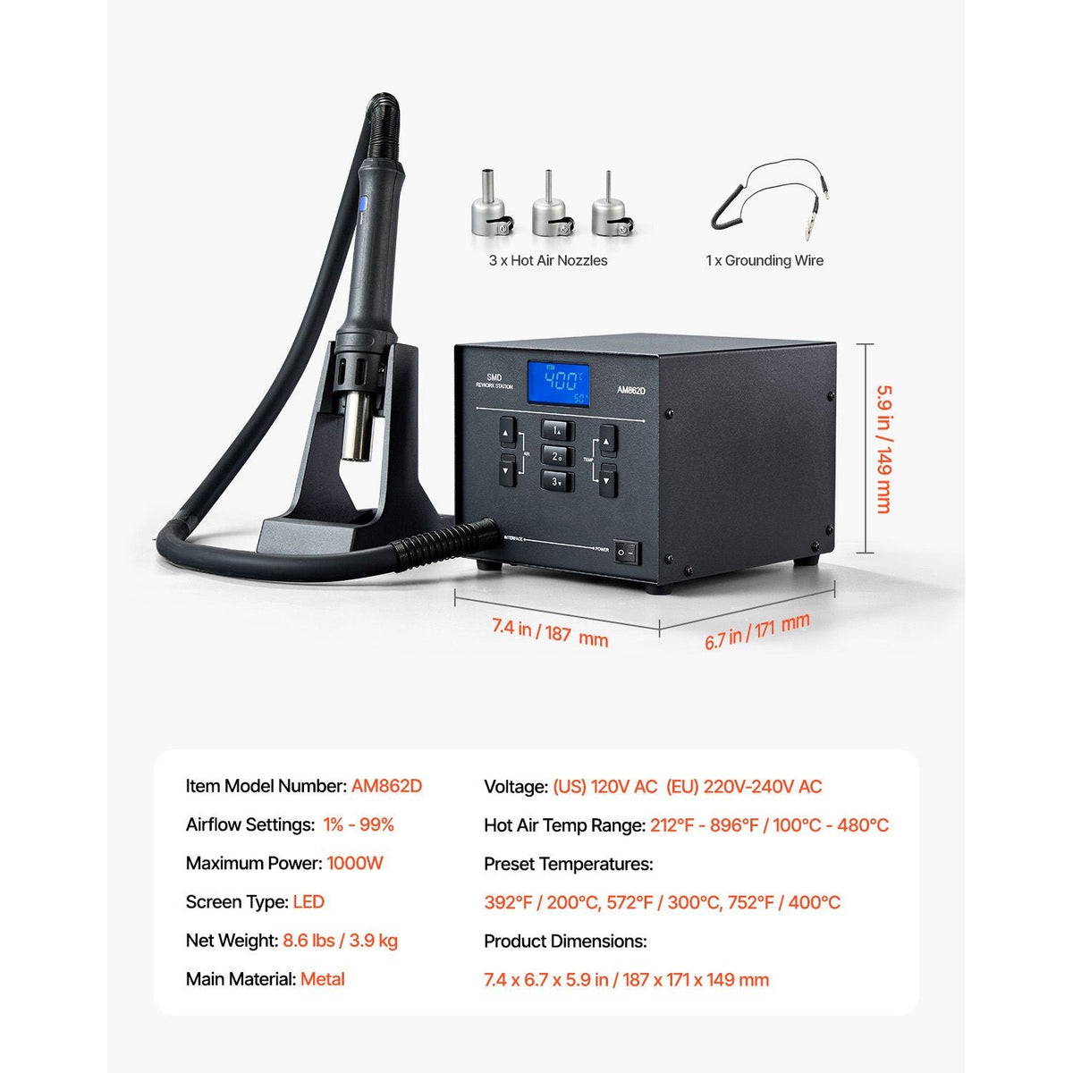 Hot Air Rework Station, 1000W Digital SMD Rework Station, 212 -896 Fahrenheit Hot Air Gun with 99-Level Adjustable Airflow, 3 Pre-Set Channels & 3 Hot Air Nozzles for Chip Dismantling