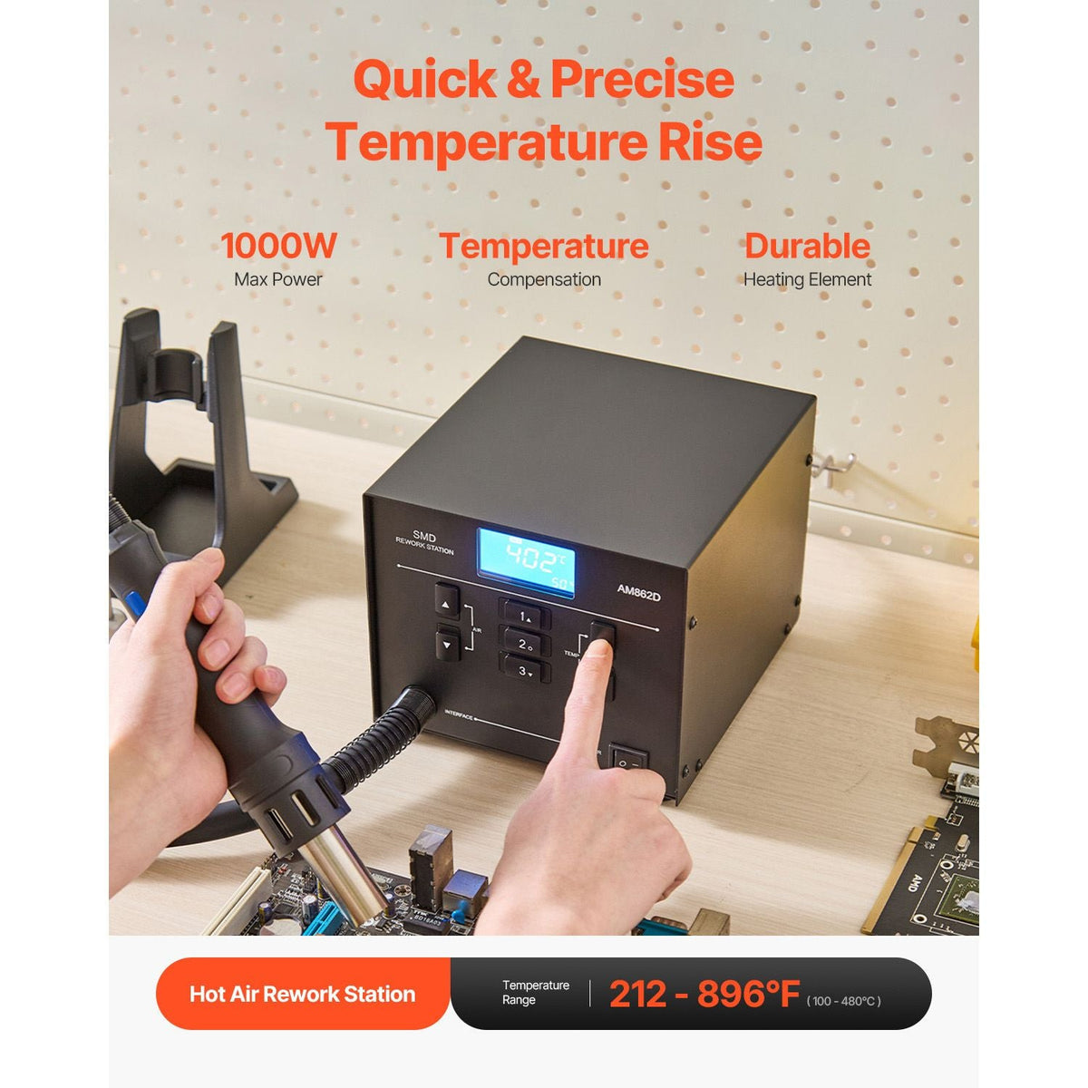 Hot Air Rework Station, 1000W Digital SMD Rework Station, 212 -896 Fahrenheit Hot Air Gun with 99-Level Adjustable Airflow, 3 Pre-Set Channels & 3 Hot Air Nozzles for Chip Dismantling