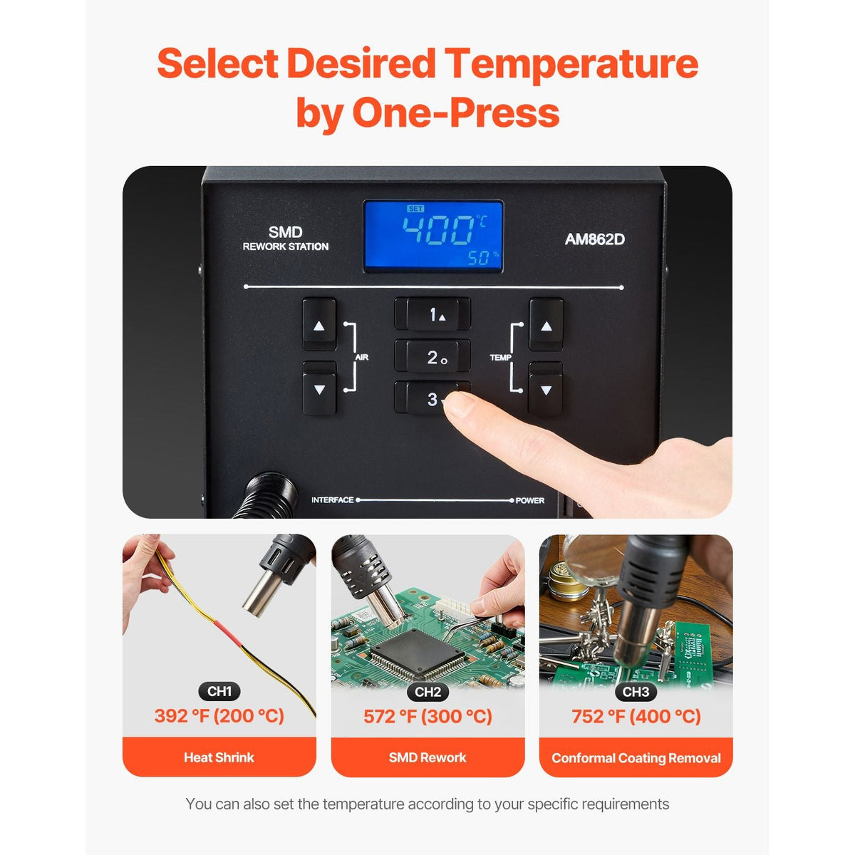 Hot Air Rework Station, 1000W Digital SMD Rework Station, 212 -896 Fahrenheit Hot Air Gun with 99-Level Adjustable Airflow, 3 Pre-Set Channels & 3 Hot Air Nozzles for Chip Dismantling