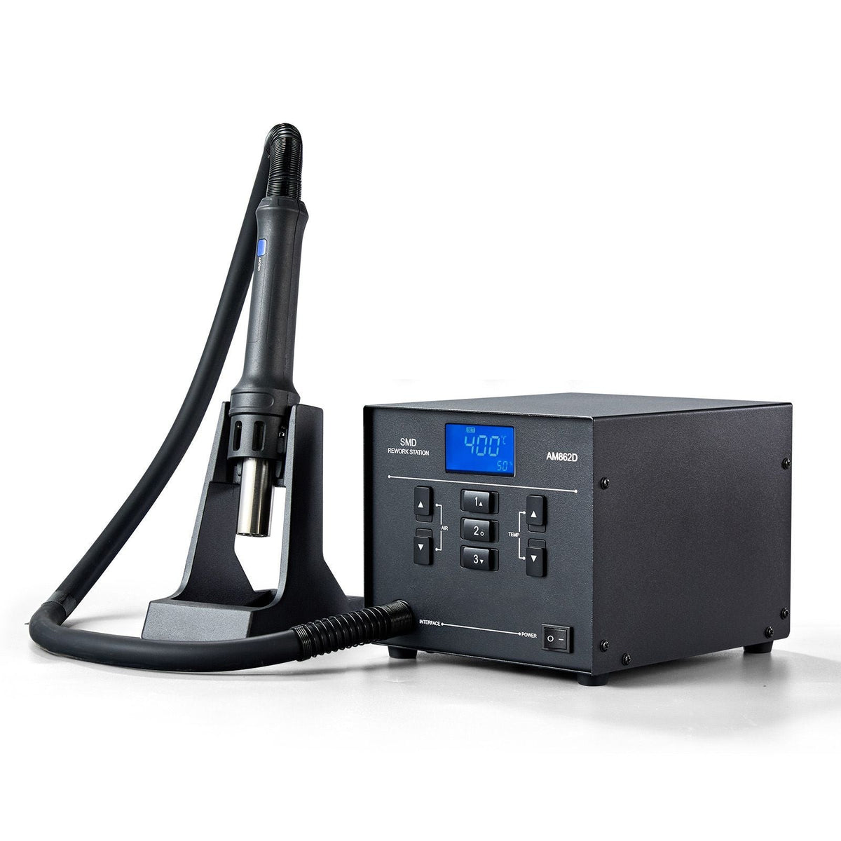 Hot Air Rework Station, 1000W Digital SMD Rework Station, 212 -896 Fahrenheit Hot Air Gun with 99-Level Adjustable Airflow, 3 Pre-Set Channels & 3 Hot Air Nozzles for Chip Dismantling