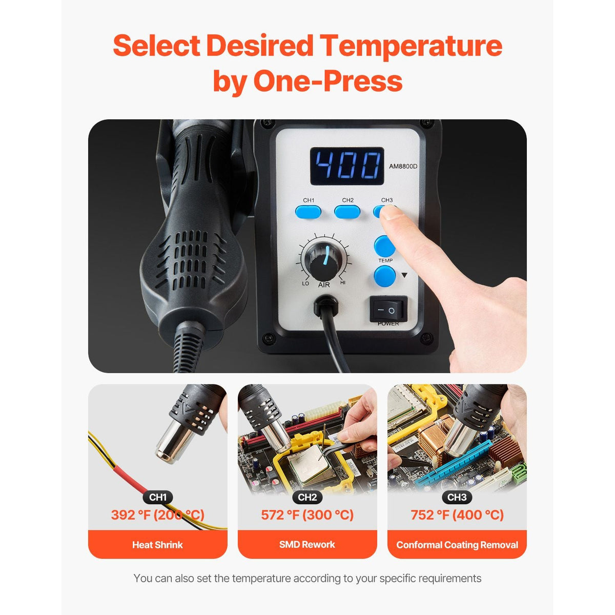 Hot Air Rework Station, 700W Digital Display SMD Rework Station, 212-932 F Hot Air Gun with Adjustable Airflow, 3 Pre-Set Channels & Celsius/Fahrenheit Conversion