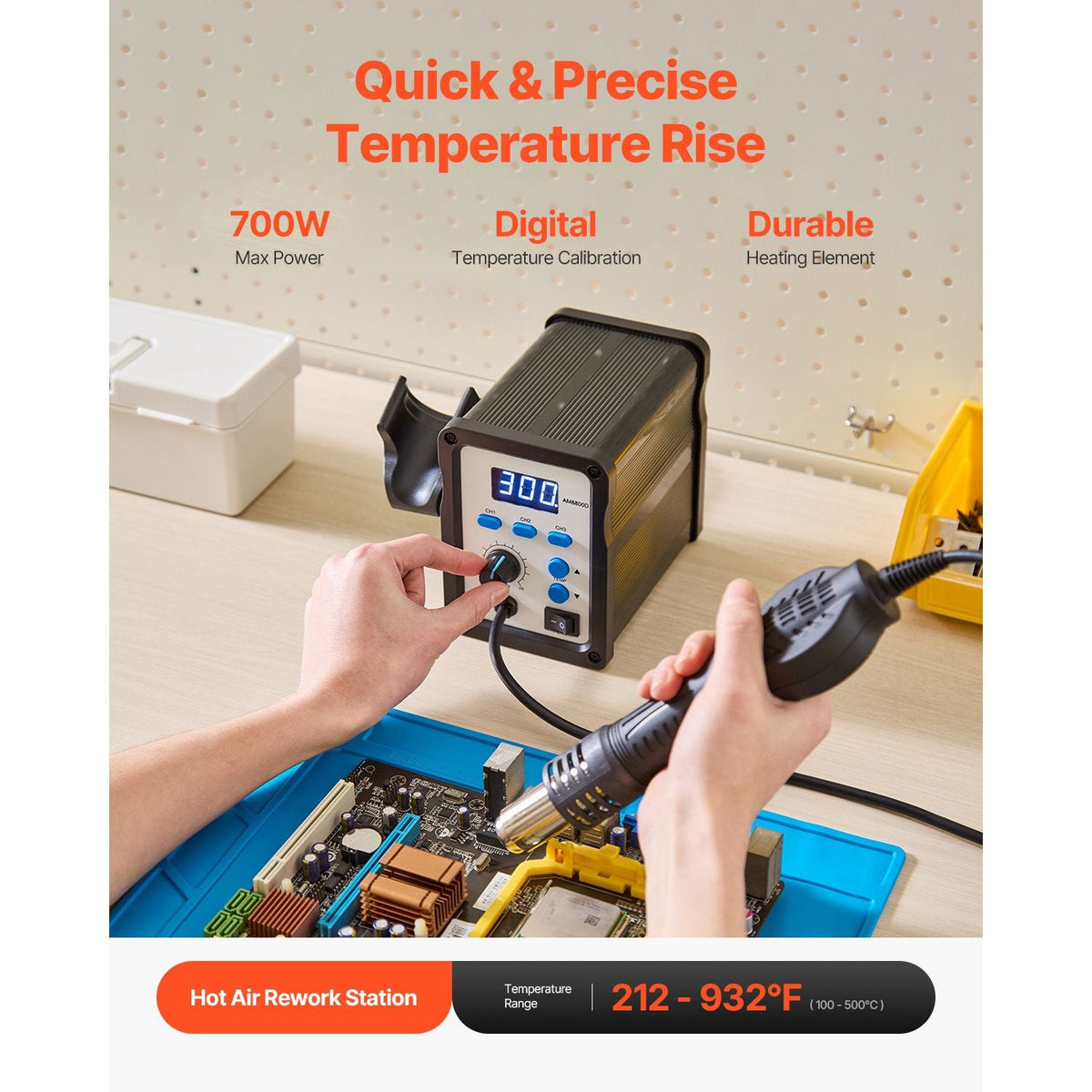 Hot Air Rework Station, 700W Digital Display SMD Rework Station, 212-932 F Hot Air Gun with Adjustable Airflow, 3 Pre-Set Channels & Celsius/Fahrenheit Conversion