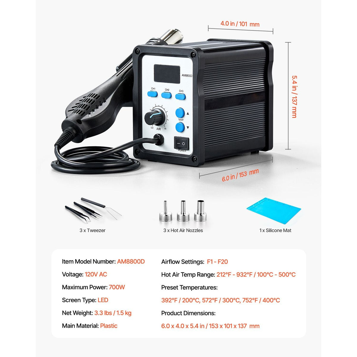 Hot Air Rework Station, 700W Digital Display SMD Rework Station, 212-932 F Hot Air Gun with Adjustable Airflow, 3 Pre-Set Channels & Celsius/Fahrenheit Conversion