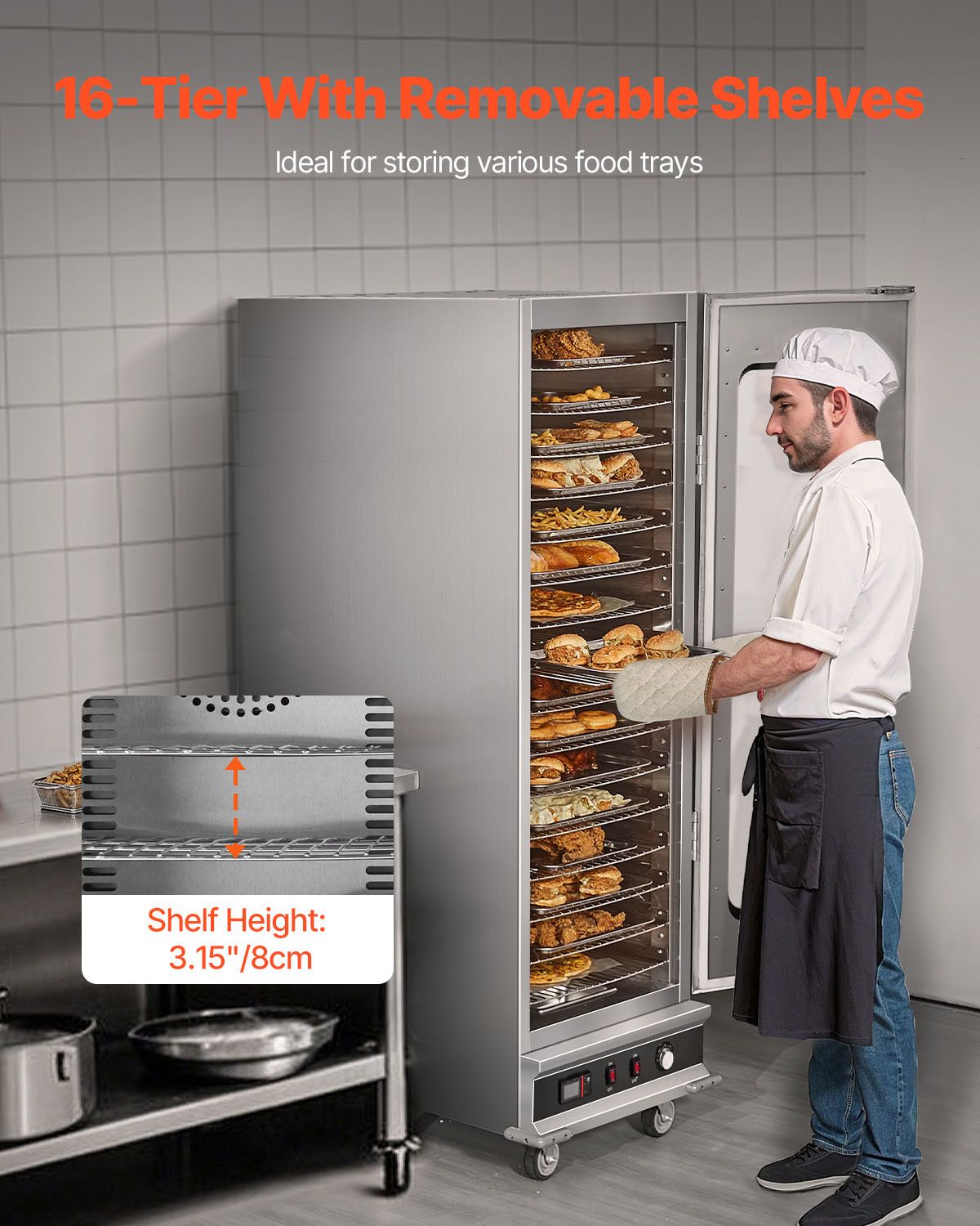 Hot Box Food Warmer, 16-Tier Large Concession Warmer with Water Tray, Glass Single-door and Adjustable Shelves, Stainless Steel Food Warmer Cabinet, Ideal for Storing Pizza, Chicken, Restaurant