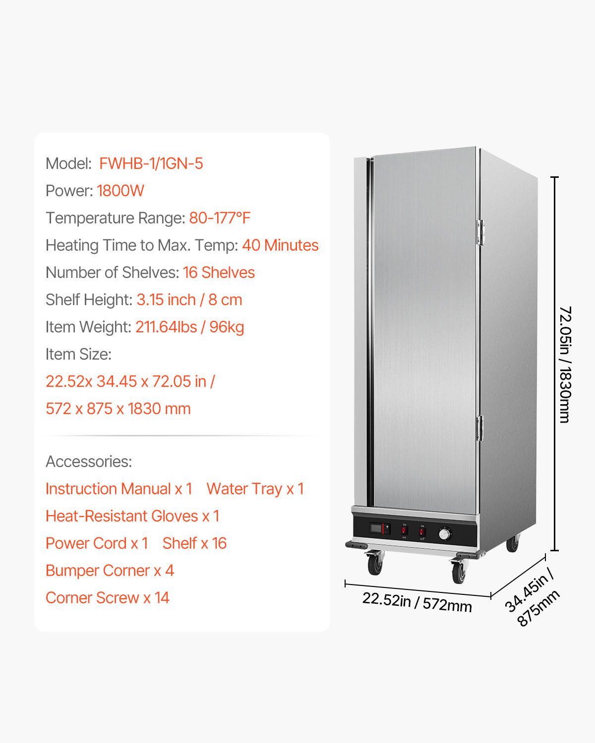 Hot Box Food Warmer, 16-Tier Large Concession Warmer with Water Tray, Single-door and Adjustable Shelves, Stainless Steel Food Warmer Cabinet, Ideal for Storing Pizza, Chicken, Restaurant
