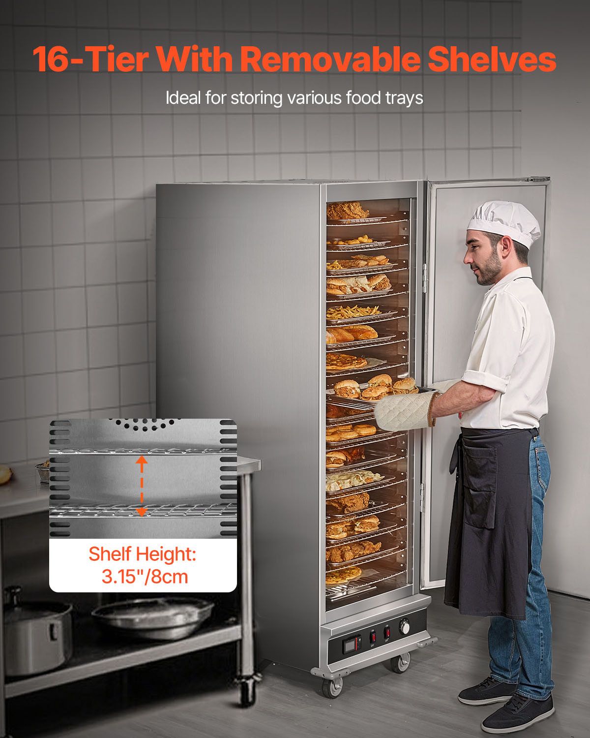 Hot Box Food Warmer, 16-Tier Large Concession Warmer with Water Tray, Single-door and Adjustable Shelves, Stainless Steel Food Warmer Cabinet, Ideal for Storing Pizza, Chicken, Restaurant