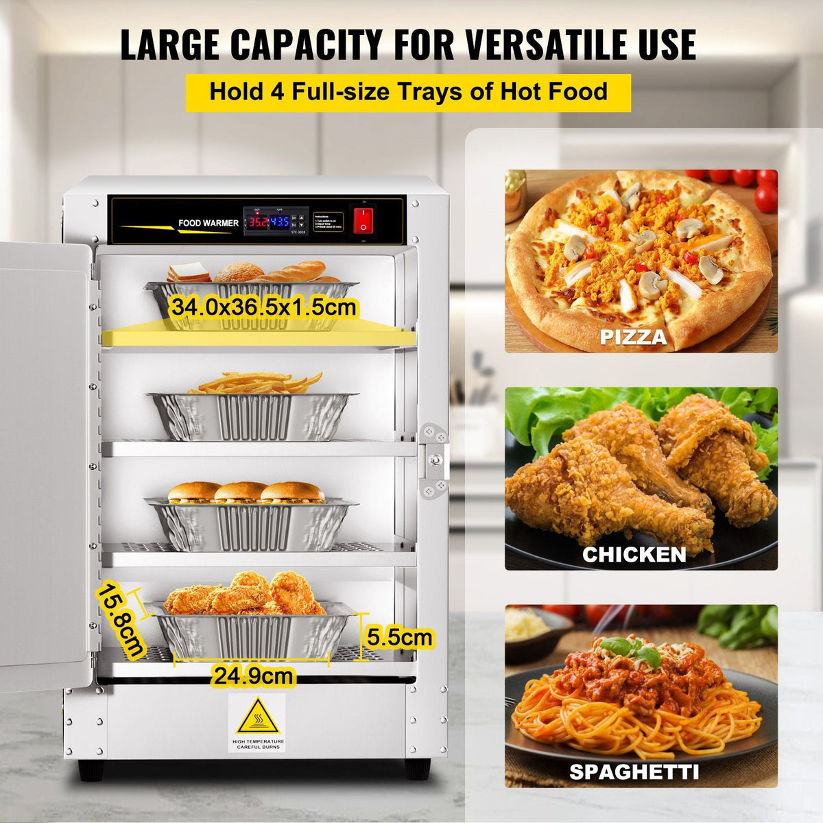 Hot Box Food Warmer, 16\"x16\"x24\" Concession Warmer with Water Tray, Four Disposable Catering Pans, Countertop Pizza, Patty, Pastry, Empanada, Concession Hot Food Hold Tested to UL Standards