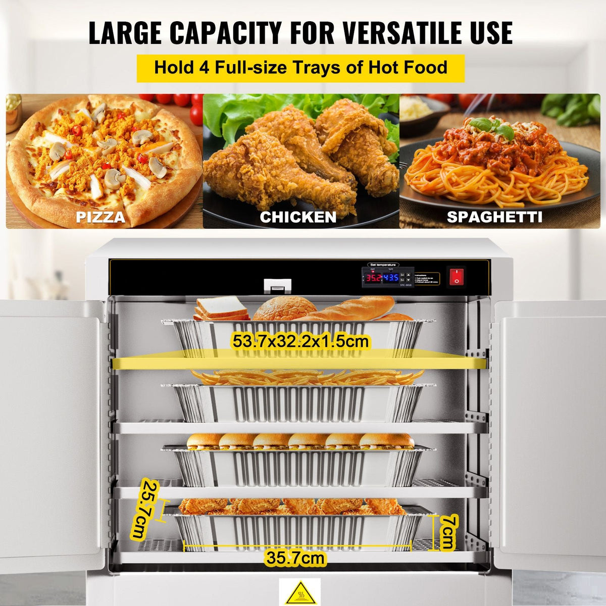 Hot Box Food Warmer, 25\"x15\"x24\" Concession Warmer with Water Tray, Four Disposable Catering Pans, Countertop Pizza, Patty, Pastry, Empanada, Concession Hot Food Hold Tested to UL Standards