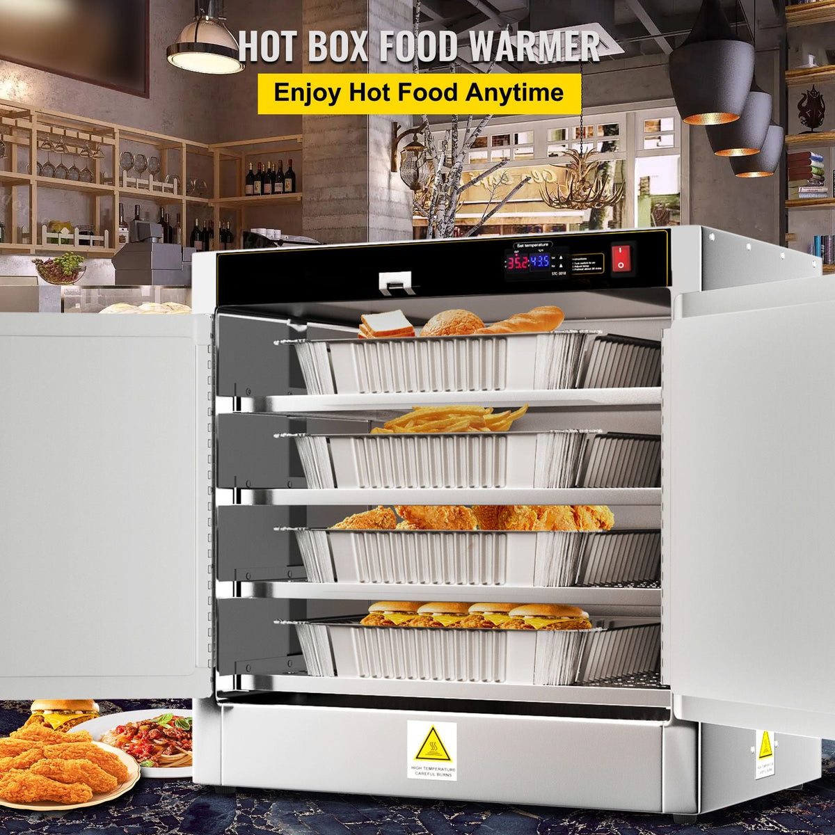 Hot Box Food Warmer, 25\"x15\"x24\" Concession Warmer with Water Tray, Four Disposable Catering Pans, Countertop Pizza, Patty, Pastry, Empanada, Concession Hot Food Hold Tested to UL Standards
