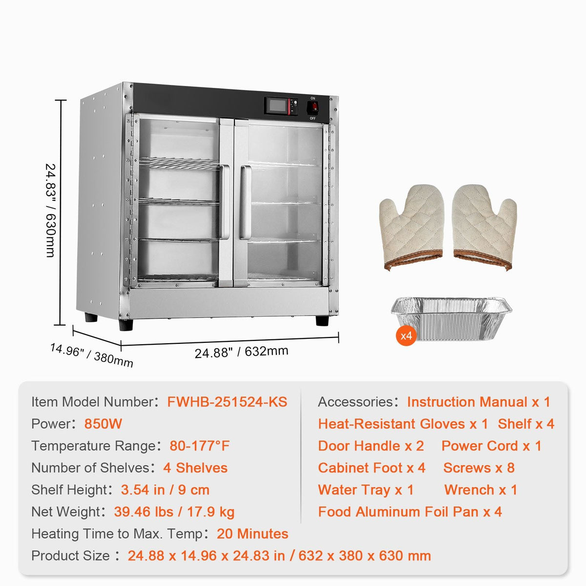 Hot Box Food Warmer, 4-Tier Concession Warmer with Water Tray, 4 Pans, Glass Double-door and Adjustable Shelves, Stainless Steel Food Warmer Cabinet, Ideal for Storing Pizza, Chicken, Restaurant