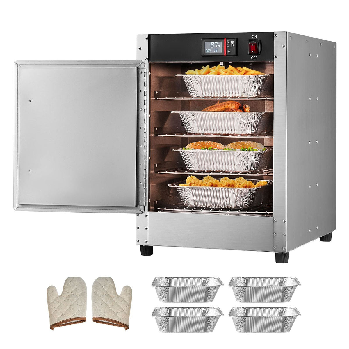 Hot Box Food Warmer, 4-Tier Concession Warmer with Water Tray, 4 Pans, Single-door and Adjustable Shelves, Stainless Steel Food Warmer Cabinet, Ideal for Storing Pizza, Chicken, Restaurant