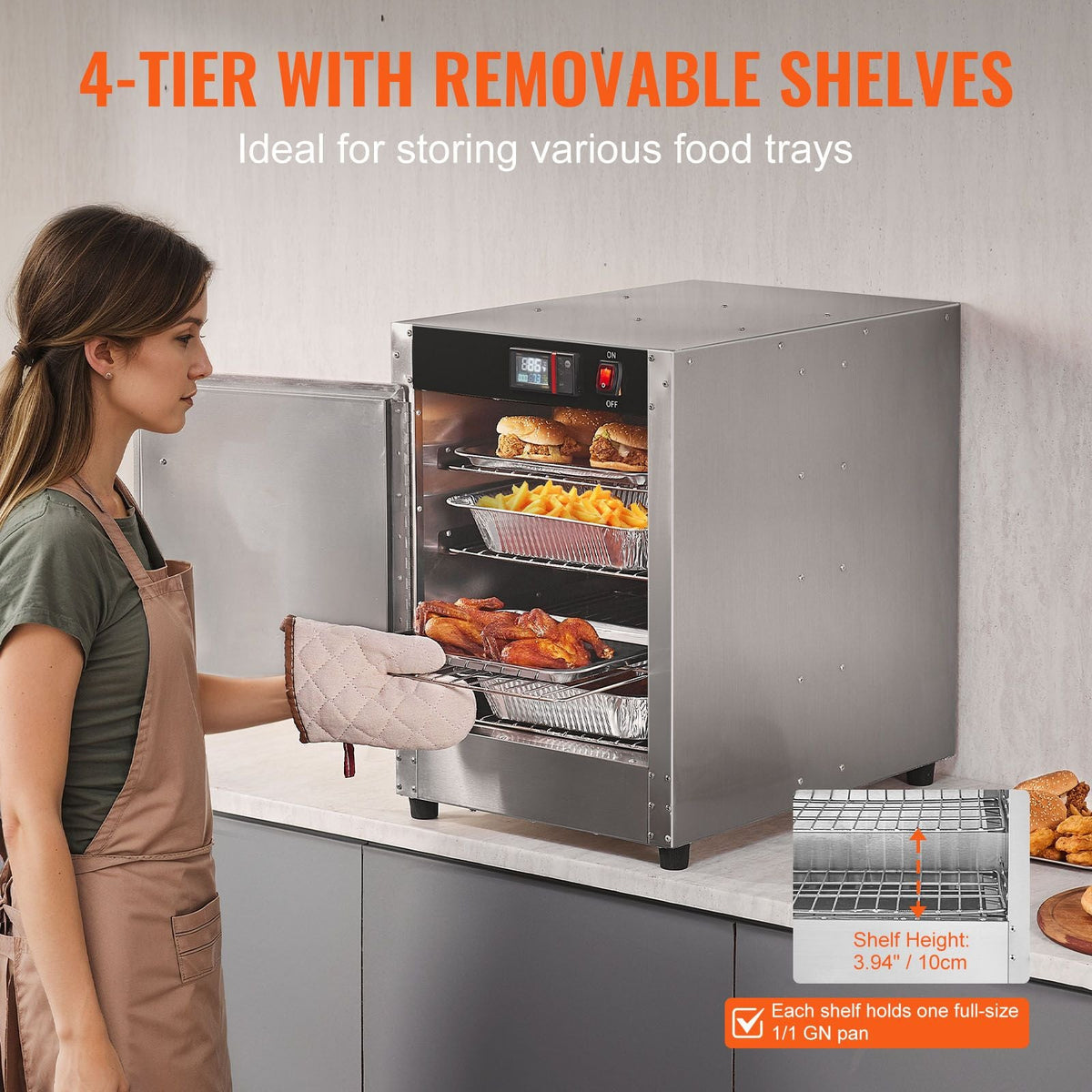 Hot Box Food Warmer, 4-Tier Concession Warmer with Water Tray, 4 Pans, Single-door and Adjustable Shelves, Stainless Steel Food Warmer Cabinet, Ideal for Storing Pizza, Chicken, Restaurant