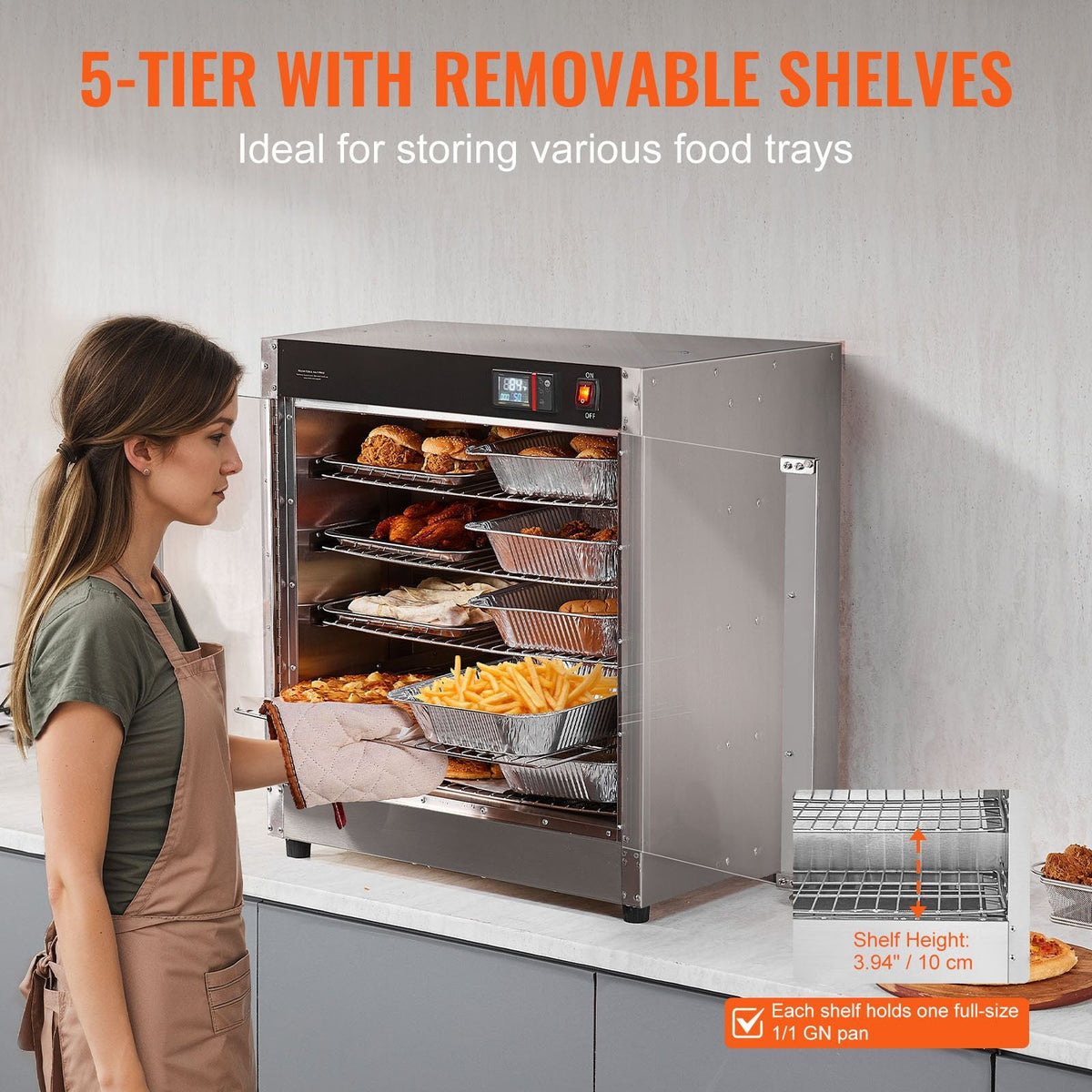 Hot Box Food Warmer, 5-Tier Concession Warmer with Water Tray, 5 Pans, Glass Double-door and Adjustable Shelves, Stainless Steel Food Warmer Cabinet, Ideal for Storing Pizza, Chicken, Restaurant