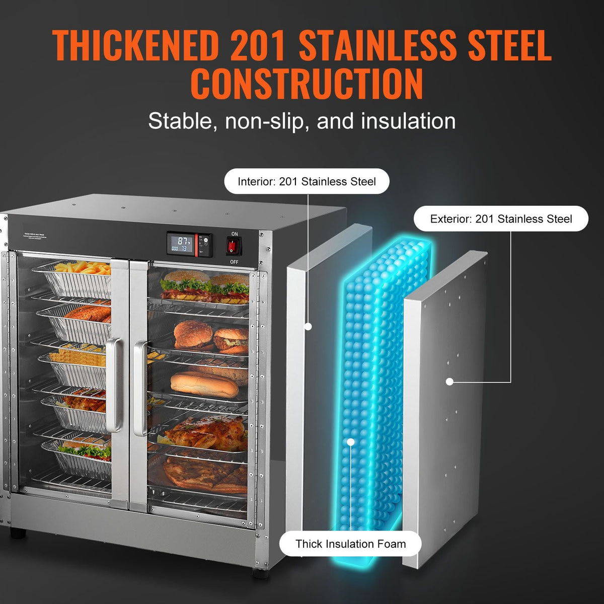 Hot Box Food Warmer, 5-Tier Concession Warmer with Water Tray, 5 Pans, Glass Double-door and Adjustable Shelves, Stainless Steel Food Warmer Cabinet, Ideal for Storing Pizza, Chicken, Restaurant