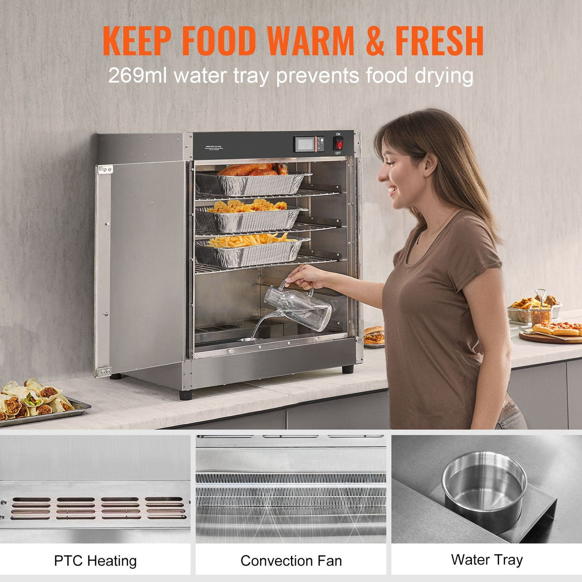 Hot Box Food Warmer, 5-Tier Concession Warmer with Water Tray, 5 Pans, Glass Double-door and Adjustable Shelves, Stainless Steel Food Warmer Cabinet, Ideal for Storing Pizza, Chicken, Restaurant