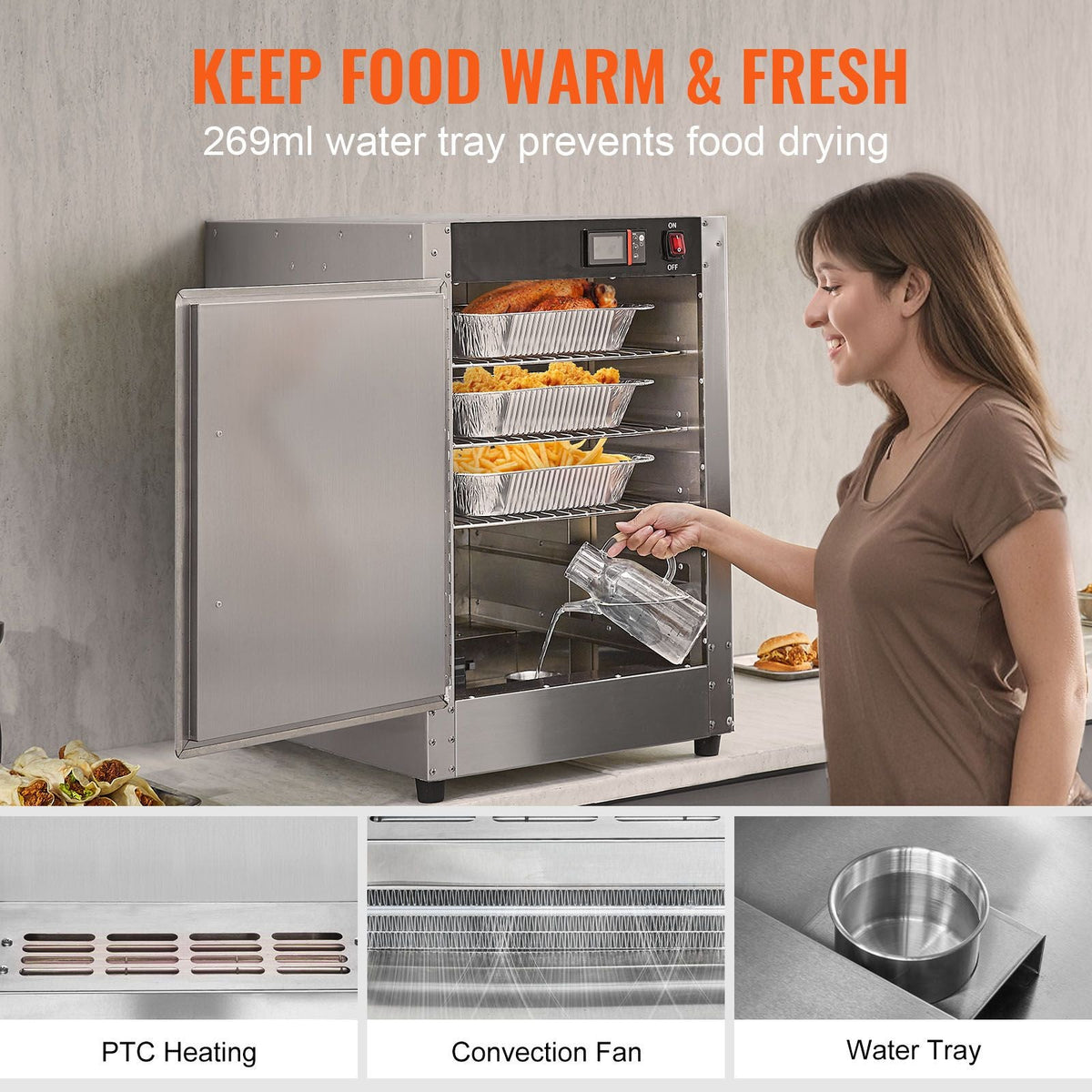 Hot Box Food Warmer, 5-Tier Concession Warmer with Water Tray, 5 Pans, Single-door and Adjustable Shelves, Stainless Steel Food Warmer Cabinet, Ideal for Storing Pizza, Chicken, Restaurant