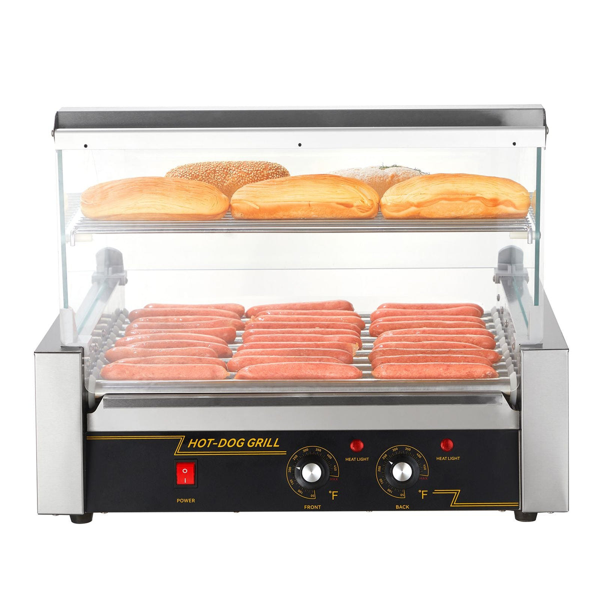 Hot Dog Roller, 11 Rollers 30 Hot Dogs Capacity, 1650W Stainless Sausage Grill Cooker Machine with Dual Temp Control Glass Hood Acrylic Cover Bun Warmer Shelf Removable Drip Tray, ETL Certified