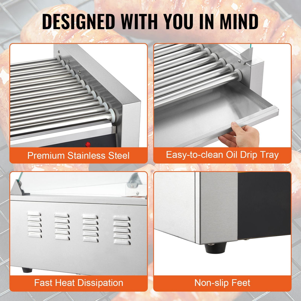 Hot Dog Roller, 11 Rollers 30 Hot Dogs Capacity, 1650W Stainless Sausage Grill Cooker Machine with Dual Temp Control Glass Hood Acrylic Cover Bun Warmer Shelf Removable Drip Tray, ETL Certified