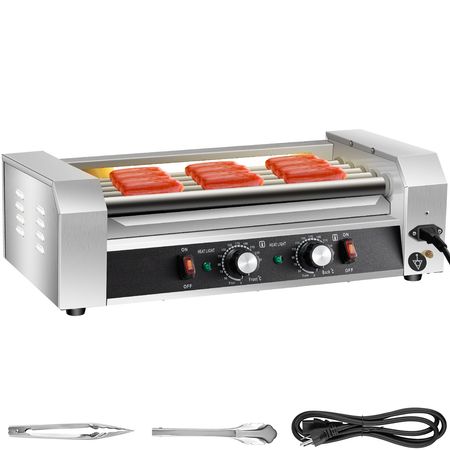 Hot Dog Roller, 12 Hot Dog Capacity 5 Rollers, 750W Stainless Steel Cook Warmer Machine with Dual Temp Control, LED Light and Detachable Drip Tray, Sausage Grill Cooker for Kitchen Restaurant