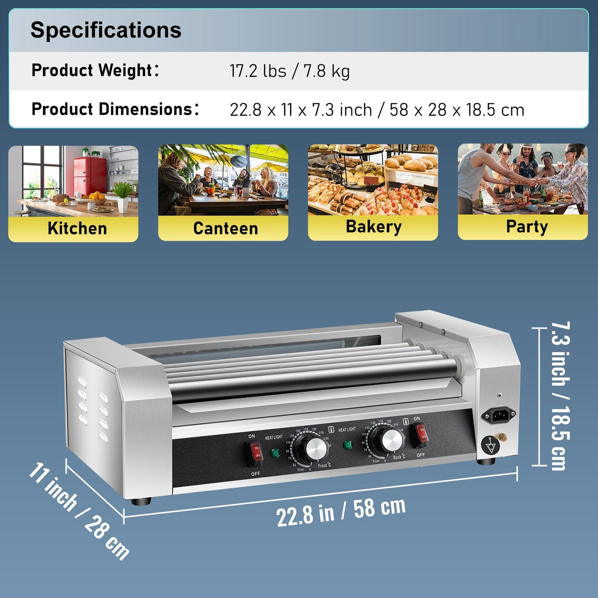 Hot Dog Roller, 12 Hot Dog Capacity 5 Rollers, 750W Stainless Steel Cook Warmer Machine with Dual Temp Control, LED Light and Detachable Drip Tray, Sausage Grill Cooker for Kitchen Restaurant