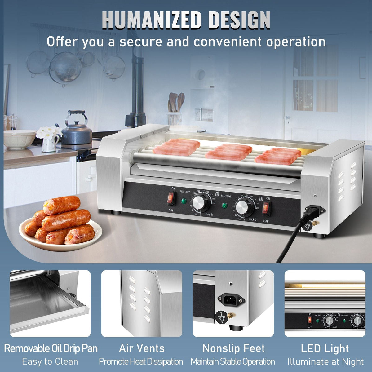 Hot Dog Roller, 12 Hot Dog Capacity 5 Rollers, 750W Stainless Steel Cook Warmer Machine with Dual Temp Control, LED Light and Detachable Drip Tray, Sausage Grill Cooker for Kitchen Restaurant