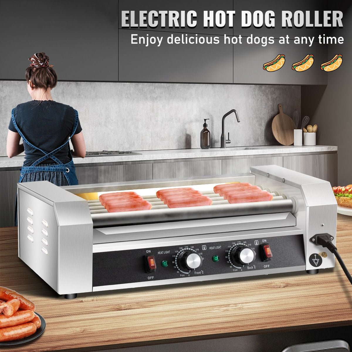 Hot Dog Roller, 12 Hot Dog Capacity 5 Rollers, 750W Stainless Steel Cook Warmer Machine with Dual Temp Control, LED Light and Detachable Drip Tray, Sausage Grill Cooker for Kitchen Restaurant